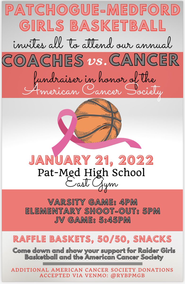 THIS FRIDAY!! Come down and support the PM Girls Basketball Program and the American Cancer Society! Varsity Game, Elementary Shoot-Out, JV Game, Raffles, 50/50 &amp; more! BE THERE!!🎗❤️🖤🏀