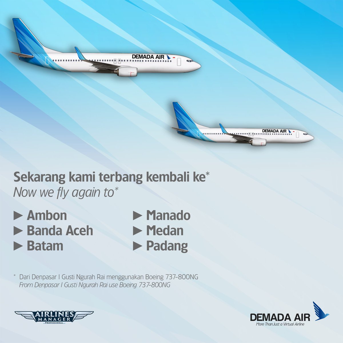 DEMADAAIR's tweet photo. Sekarang kami terbang kembali ke beberapa destinasi favorit di Indonesia pada Airlines Manager.

Now we fly again to favorite destinations in Indonesia on Airlines Manager.

#DEMADAAIR #DEMADAGroup #AirlinesManager #AirlinesPainter https://t.co/ULqpjds3AP
