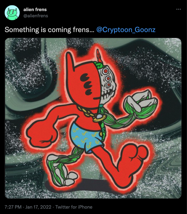 LuckyNFTNews's tweet photo. Alien Frens teases a possible collaboration with @Cryptoon_Goonz.

#alienfrens 

Here are the Goonz for sale, sorted by rarity: https://t.co/2vrKYxktfZ https://t.co/1JOi4fLsnM