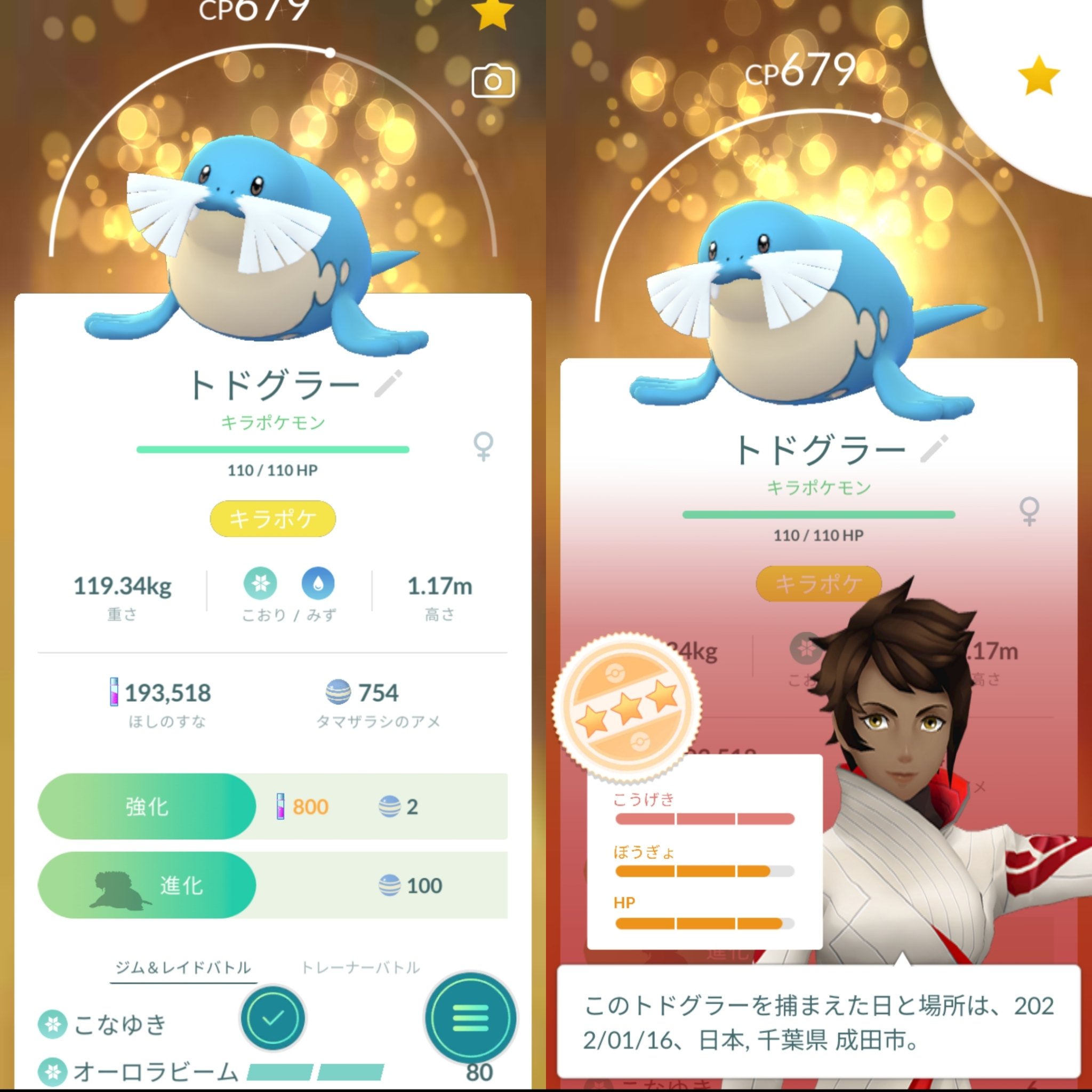ファング 일본 캇파 남자 轟絶運極 102体 刹那運極作成中 ファンマ 21年11月29日 月 昼過 ポケモンgo 色違い ナマケロ を ヤルキモノ に進化 Cp 768 Cp 1539 個体値 ２ 累計進化