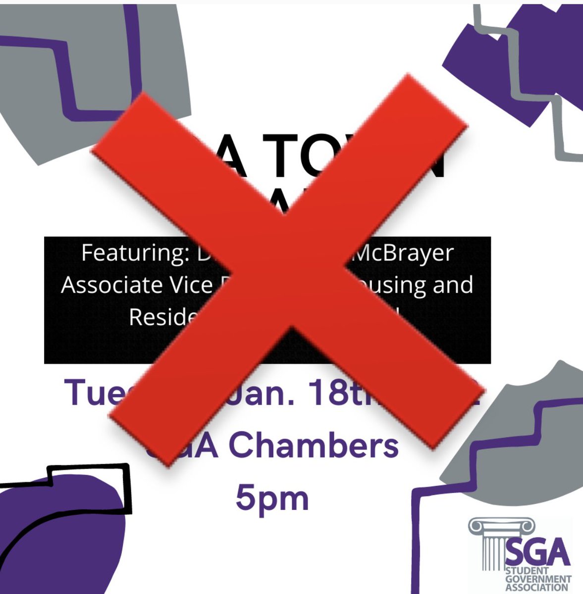 🚨🚨🚨SGA Town Hall POSTPONED!!🚨🚨🚨 New date coming soon!! SGA apologizes in advance and will be rescheduling to still make sure your questions/ concerns get answered! #studentsfirst