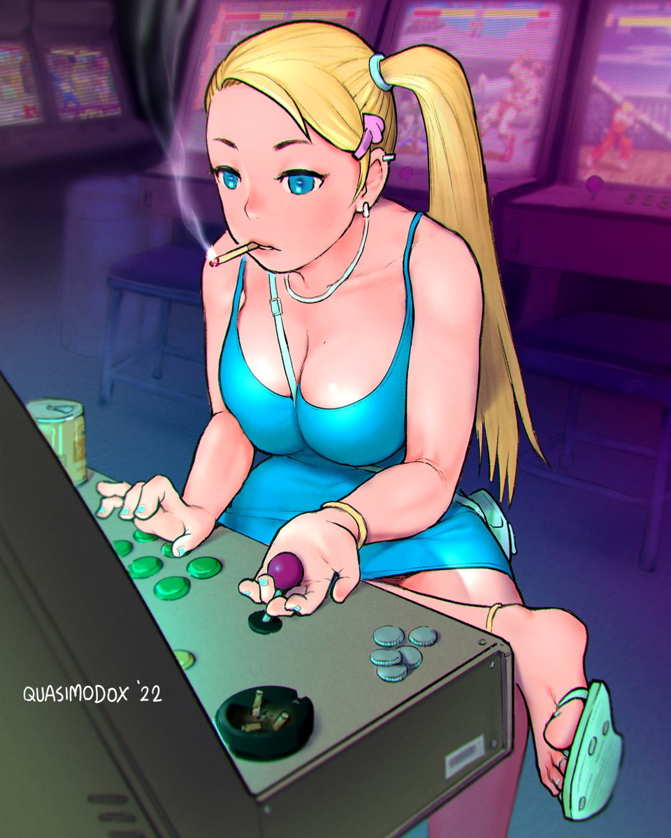 R. Mika chilling after work at arcade Street Fighter