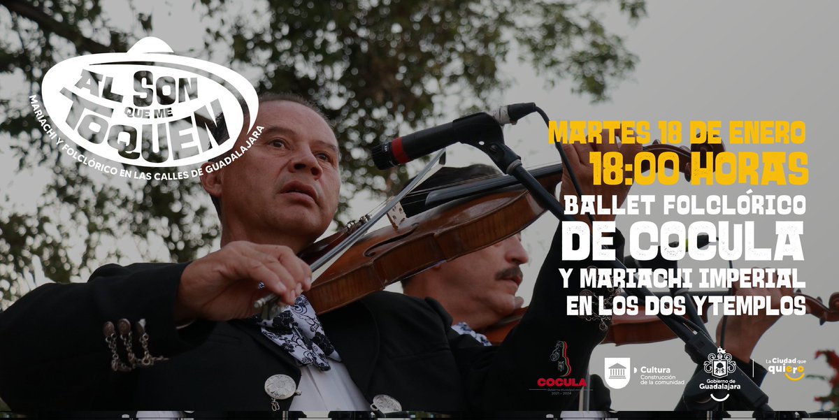 GuadalajaraGob's tweet photo. 🎻💃 La música tradicional y el color de los bailes folclóricos se viven cada vez más en el Centro Histórico gracias al #AlSonQueMeToquen.

Aquí te compartimos la agenda de mañana para que te des la oportunidad de pasar una tarde en familia disfrutando del folclor de Jalisco. https://t.co/PLNNDFQxMU