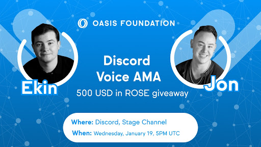 OasisProtocol's tweet photo. Join us for an AMA in our Discord Stage Channel (https://t.co/CyqHmky0MK) this Wednesday, January 19th at 5PM UTC!

🎁 400 USD in $ROSE for the 8 best questions + 100 USD in $ROSE for random participants (gifted in a raffle) 🎁

Submit your questions at https://t.co/CyqHmky0MK! https://t.co/6MRRDBthVb