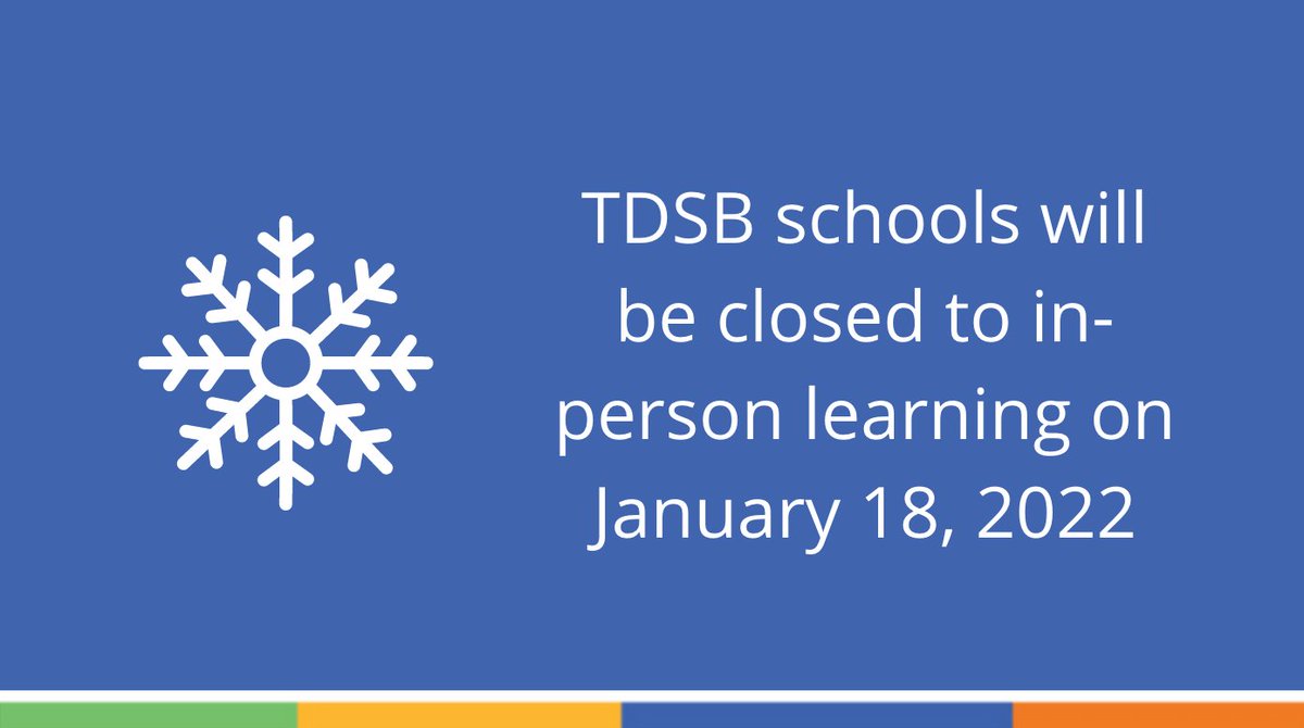 The City of Toronto has declared a major snow storm condition. 

Schools will remain closed to in-person learning for Tuesday, January 18. Students will not participate in live remote or virtual learning. 

Please see our latest update here ➡️ bit.ly/3GGrP9H