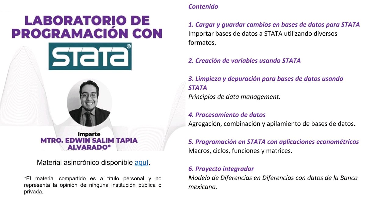 Ed1tapia's tweet image. ¿Hey #EconTwitter les gustaría aprender a programar en #STATA? 

Los invito a revisar de forma asincrónica el Laboratorio de #Programación con STATA que impartí para el @TecdeMonterrey. En el tendrán las clases grabadas y códigos. 

Link de acceso: drive.google.com/drive/folders/…