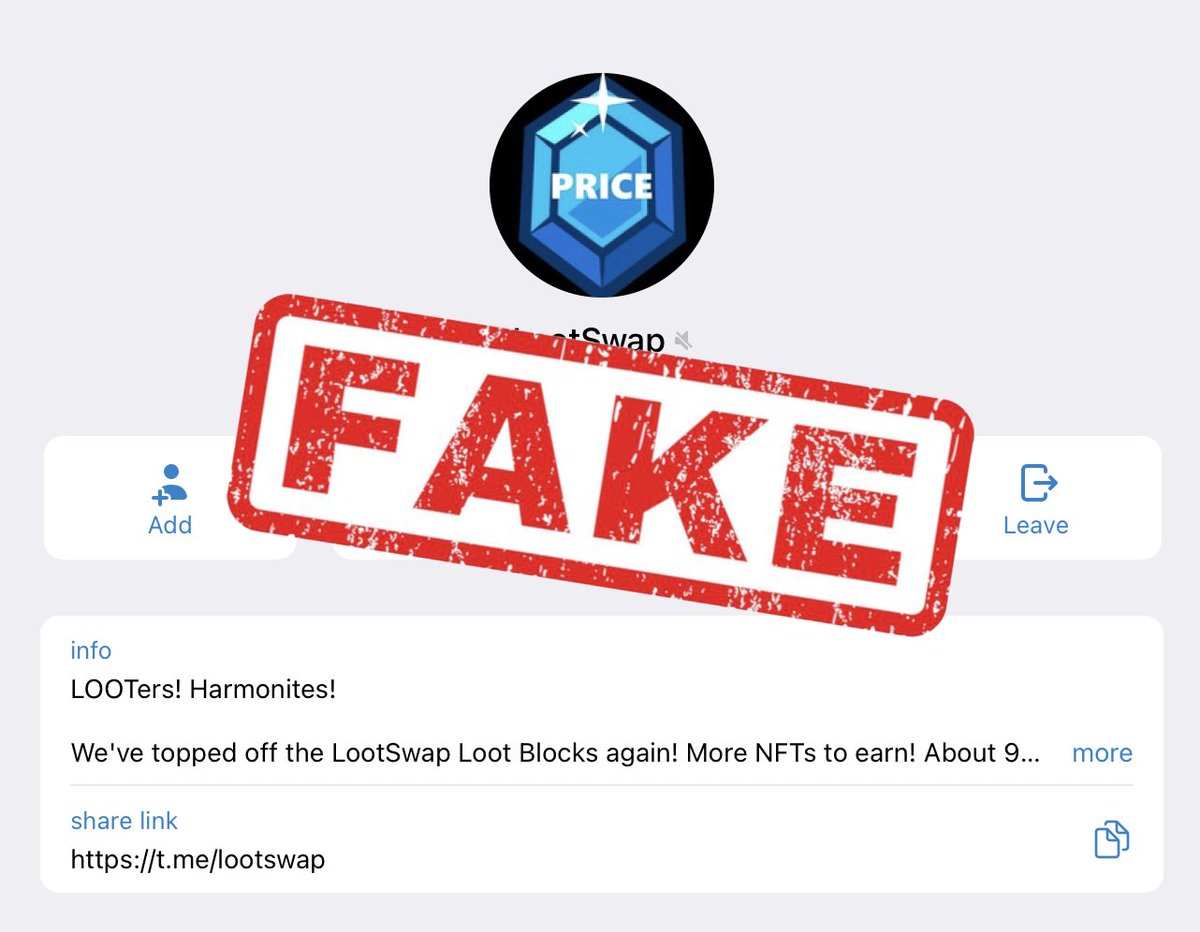 We were informed there was a fake scam Telegram group with ~40K members/bots pretending to be LootSwap using the old TG link we had before changing it to say Official_OneFi. Report the fake lootswap acct to get TG to remove it.