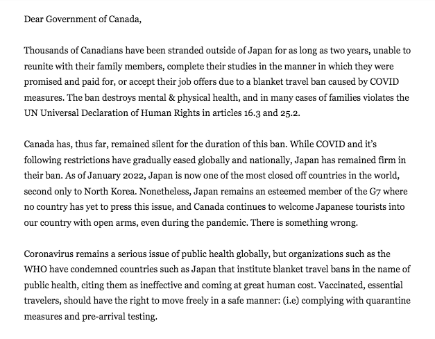 CANtoJPN's tweet photo. Here is our open letter to members of the Canadian Government and the embassy of Canada in Japan: 
https://t.co/ppmuwne5Cq

Feel free to use this format to email your representatives. #japantravelban #canadajapanreciprocity @JustinTrudeau @melaniejoly @CBCNews @globeandmail https://t.co/IghS3w4zJA