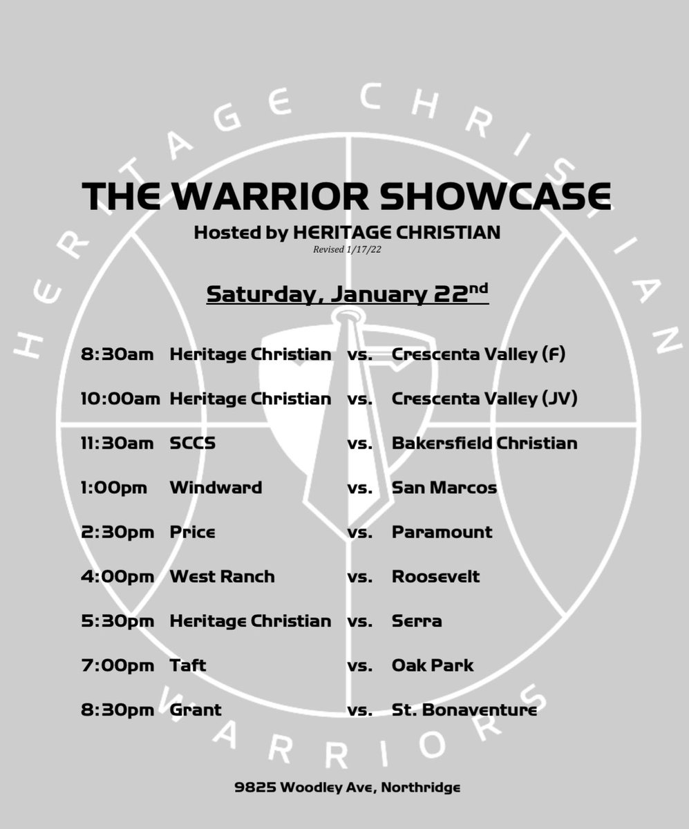 REVISED…

🏀 THE WARRIOR SHOWCASE 🏀

Saturday, January 22nd

<a href="/SCCSHOOPS/">SCCS Basketball</a> <a href="/BCHSbasketball/">Bolivar Central Basketball</a> <a href="/WWAthletics/">Windward Athletics</a> <a href="/serrabasketball/">#Serra💪</a> <a href="/PriceHoops/">PriceKnightsBB</a> @OPboysbball <a href="/ParamountHoops/">Paramount Pirates Basketball</a> <a href="/erhs_basketball/">Eleanor Roosevelt Boys Basketball</a> <a href="/The_RanchHoops/">The_RanchHoops</a> <a href="/SeraphsBBall/">St. Bonaventure Basketball</a> <a href="/BoysTaft/">Taft Boys Basketball</a> <a href="/USGRANTBBALL/">U.S.Grant Basketball</a>