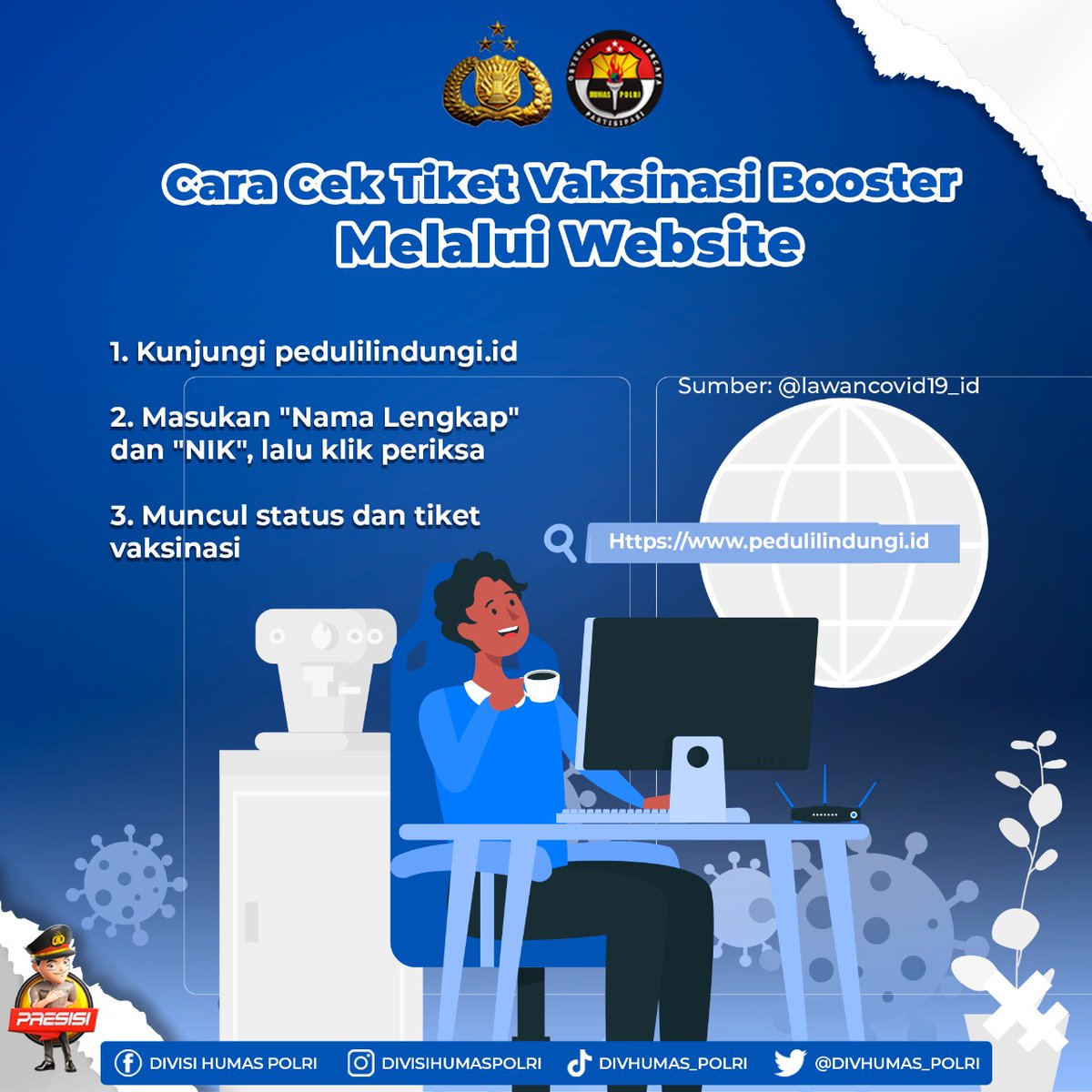 TOPO91542976's tweet photo. Cara Cek Tiket Vaksinasi Booster Melalui Website

1. Kunjungi https://t.co/UdR3jdupmA

2. Masukan "Nama Lengkap" dan "NIK", lalu klik periksa

3. Muncul status dan tiket vaksinasi

Sumber: @lawancovid19_id

#WajibPatuhiProkes
Dukung Percepatan Vaksinasi https://t.co/RBMdr0Ai8D