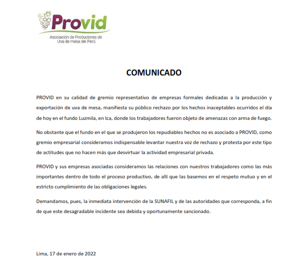 AGAP_PERU's tweet image. #COMUNICADO

➡️ #PROVID en su calidad de gremio representativo de empresas formales dedicadas a la producción y exportación de uva de mesa, manifiesta su público rechazo por los hechos inaceptables ocurridos el día de hoy en el fundo Luzmila, en #Ica: lnkd.in/em2EYUrU
