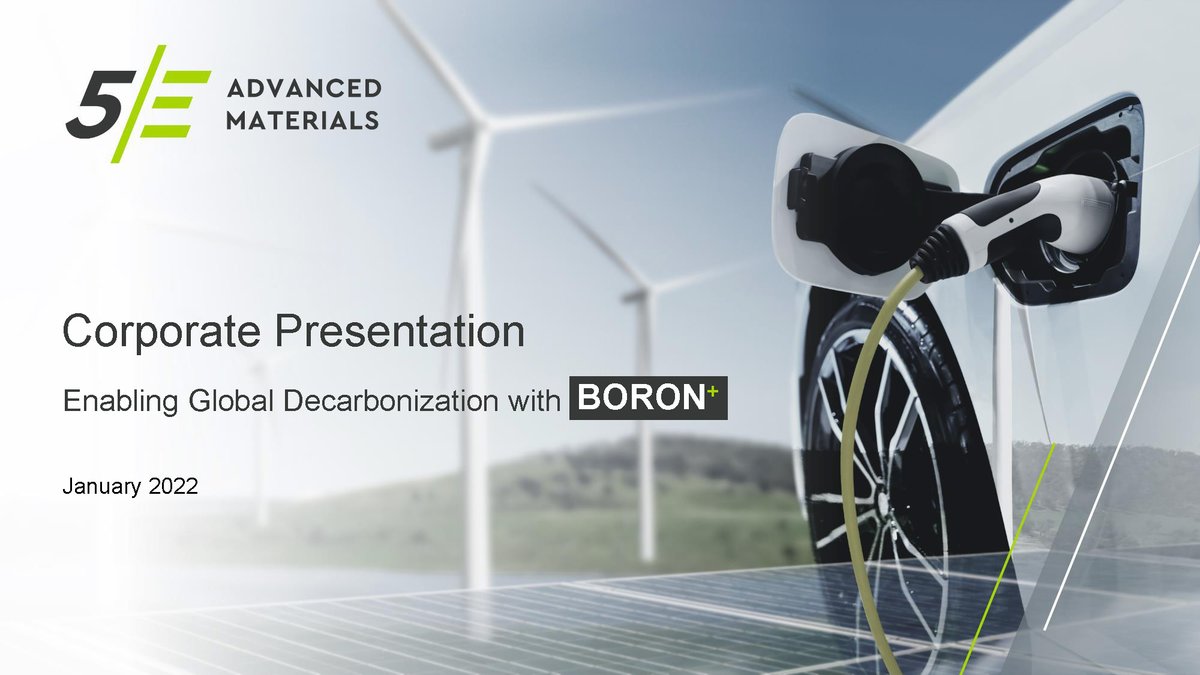 APBorate's tweet photo. $ABR.ax releases its Investor Presentation that will be used for marketing of @5EAMaterials in Australia, Asia, and the US ahead of the @Nasdaq listing in Feb22.
#borates #boron #decarbonization #5E #5EAM #ASX #5EA #nasdaq #invest

Link to Presentation: https://t.co/w59PubfVFu https://t.co/ELTM0wn5xe