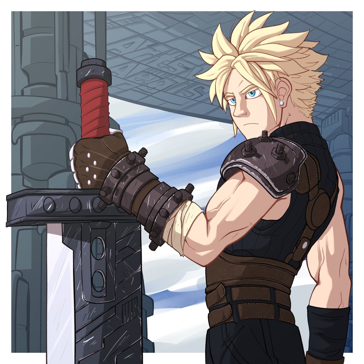cloud strife 1boy blonde hair weapon male focus bandages gloves solo  illustration images