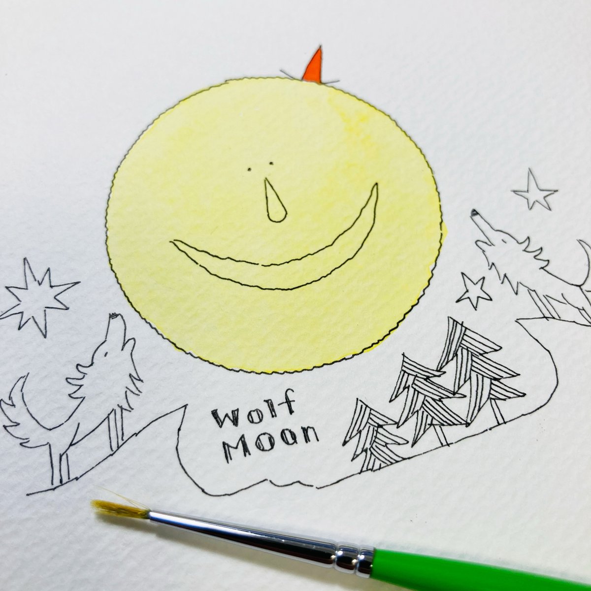 カワチ レン S Tweet ふわはね日めくりカレンダー 22年4月はじまり のイラスト原画に着彩中 今夜は1月の満月ウルフムーン 今年も 満月の絵は着彩して原画販売する予定 カワチレン ニジノ絵本屋 ふわはね ふわはね日めくりカレンダー ふわはね日めくり