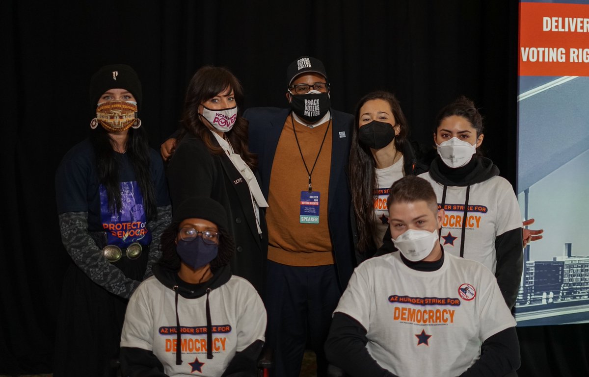 LWVJoCo's tweet image. LWV: RT @LetsUnpac: Thank you to our partners @StephLYoung of @WhenWeAllVote, @KaseVirginia of @LWV, and @cliff_notes of @BlackVotersMtr for standing in solidarity with us on Day 5 of our #HungerStrike4Democracy on this #MLKDay!

The Senate must pass the…