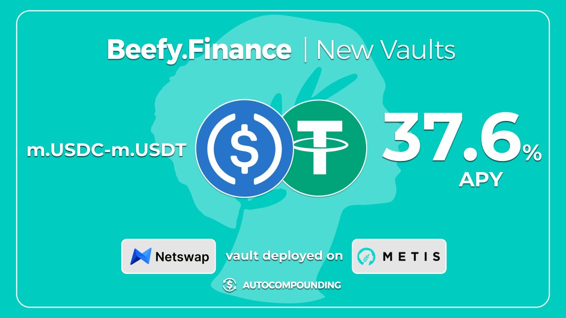 beefyfinance's tweet photo. ❤️#StableCoins?

Beefy now brings you the best #stablecoin APYs with @netswapofficial vaults on #Metis!

🌿 $mUSDC- $mUSDT: 37.6% APY

Beefy is your home for #stablecoins.
👉https://t.co/9DQFZqZr4Z

@MetisDAO #TheMarketReport @Cointelegraph @BY_DeFi #StablecoinKing https://t.co/vLsZ2yFhyv