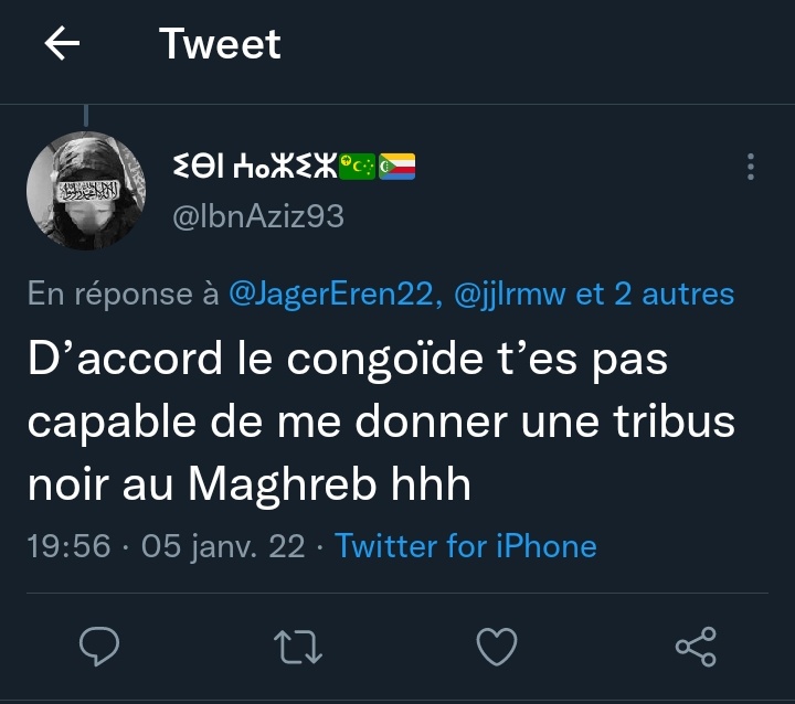 @IbnAziz93  @AmBlk8 Comme on se retrouve, depuis votre cellule en GAV vous pourriez m'éclairer sur ces tweets ?Sois disais vous n'êtes pas raciste Rien que pour ça vous méritez d'y rester