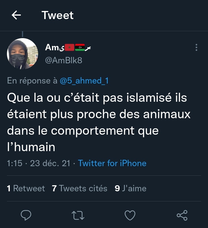 @IbnAziz93  @AmBlk8 Comme on se retrouve, depuis votre cellule en GAV vous pourriez m'éclairer sur ces tweets ?Sois disais vous n'êtes pas raciste Rien que pour ça vous méritez d'y rester