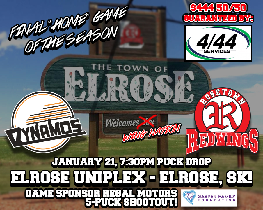 Friday we're the Elrose-town Redwings! 7:30 pm at the Uniplex in Elrose, we host <a href="/DynamosSHC/">Dinsmore Dynamos Senior Hockey Club</a>! Game sponsor, Regal Motors, having a free-entry 5-puck shootout and the Dynamos with their own #GoalsForGaspers weekend! Go look at Facebook for more info, not enough room. Thnx <a href="/Twitter/">Twitter</a>