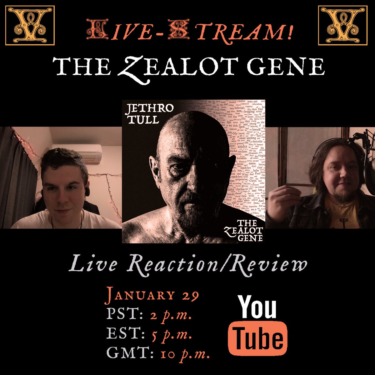 VernacularVerb's tweet photo. Announcing the first Vernacular Verbose livestream! Join Joey &amp; Eugene live on YouTube as they listen to #TheZealotGene for the very first time and give their immediate impressions.

Click here to access the livestream and set a reminder: https://t.co/VhLZ172HbP

#JethroTull https://t.co/vq9DMzvrBX