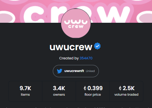uwucrewnft's tweet photo. Weekly Recap #11 🔥💕

What a way to start of 2022! 🚀 We've had an insane last couple weeks, trending on Opensea and skyrocketing to a 0.4 ETH floor price with 3.4k unique holders! 

Big shoutout to our long time holders and welcome to all our new friends!! 🥳 https://t.co/sH0xw7L7zl