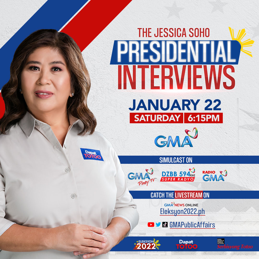 ANG INAABANGANG PAGHARAP NG PRESIDENTIAL ASPIRANTS, MAPAPANOOD NA NGAYONG JANUARY 2022 SA GMA!

Sa inaabangang pagharap ng mga nagnanais na maging pangulo, alamin ang kanilang intensyon para sa bansa. Suriin ang kanilang posisyon sa bawat isyu at himayin ang kanilang plataporma.