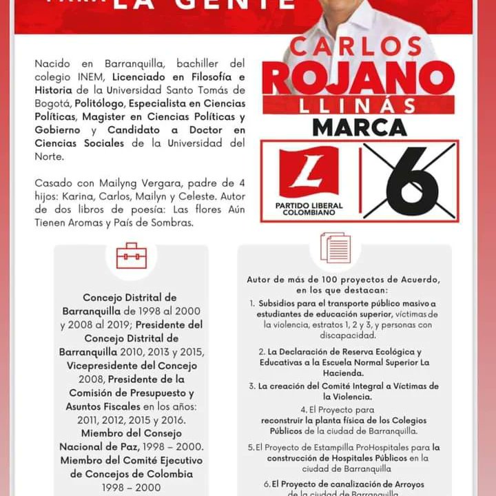 jnavarro0812's tweet photo. #Senado #L6 @partidoliberal_ @carlosrojanoll #unsenadorparalagente 🚩🚩🚩🚩🚩🚩 L6 #CámaraRepresentantesAtlantico L106 @partidoliberal @DolceyTorres https://t.co/xpAReGVz8U