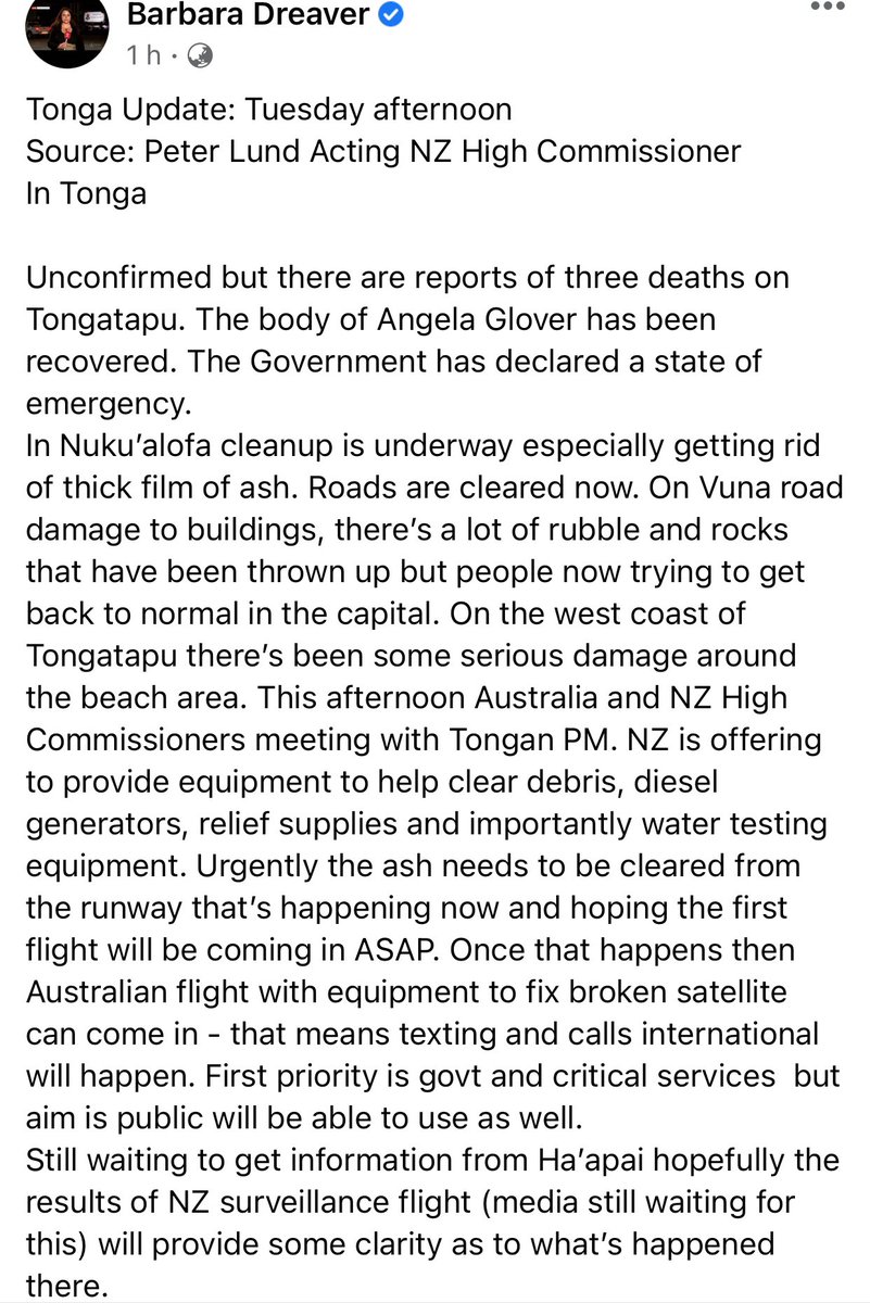 ColinLangilangi's tweet photo. TONGA LATEST UPDATE:
Unconfirmed reports of three deaths on Tongatapu. The government declared a state of emergency.
#Tongaeruption #PrayForTonga https://t.co/Q5D6R9EVDs
