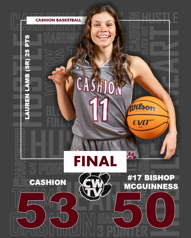 CASHION GIRLS GET REVENGE ON #16 (5A) BISHOP MCGUINESS with 3rd straight win!
Great team victory for the girls heading into County Line Tourney!

<a href="/laurenlamb111/">laurenlamb11</a> 25 pts
<a href="/lojenk13/">lauren jenkins</a> 11 pts
<a href="/BrookShelly12/">Brook Shelly</a> 7 pts

Catch archived game on cashionwildcats.tv
<a href="/bestone/">Brad Stone</a> <a href="/BMCHSOKC/">Bishop McGuinness Catholic High School</a>