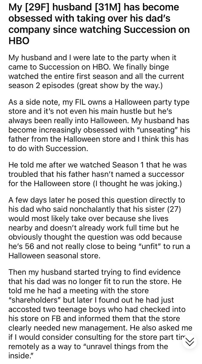 BETTYDR4PER's tweet photo. My [29F] husband [31M] has become obsessed with taking over his dad’s halloween store since watching Succession on HBO https://t.co/gnLOE77qFH