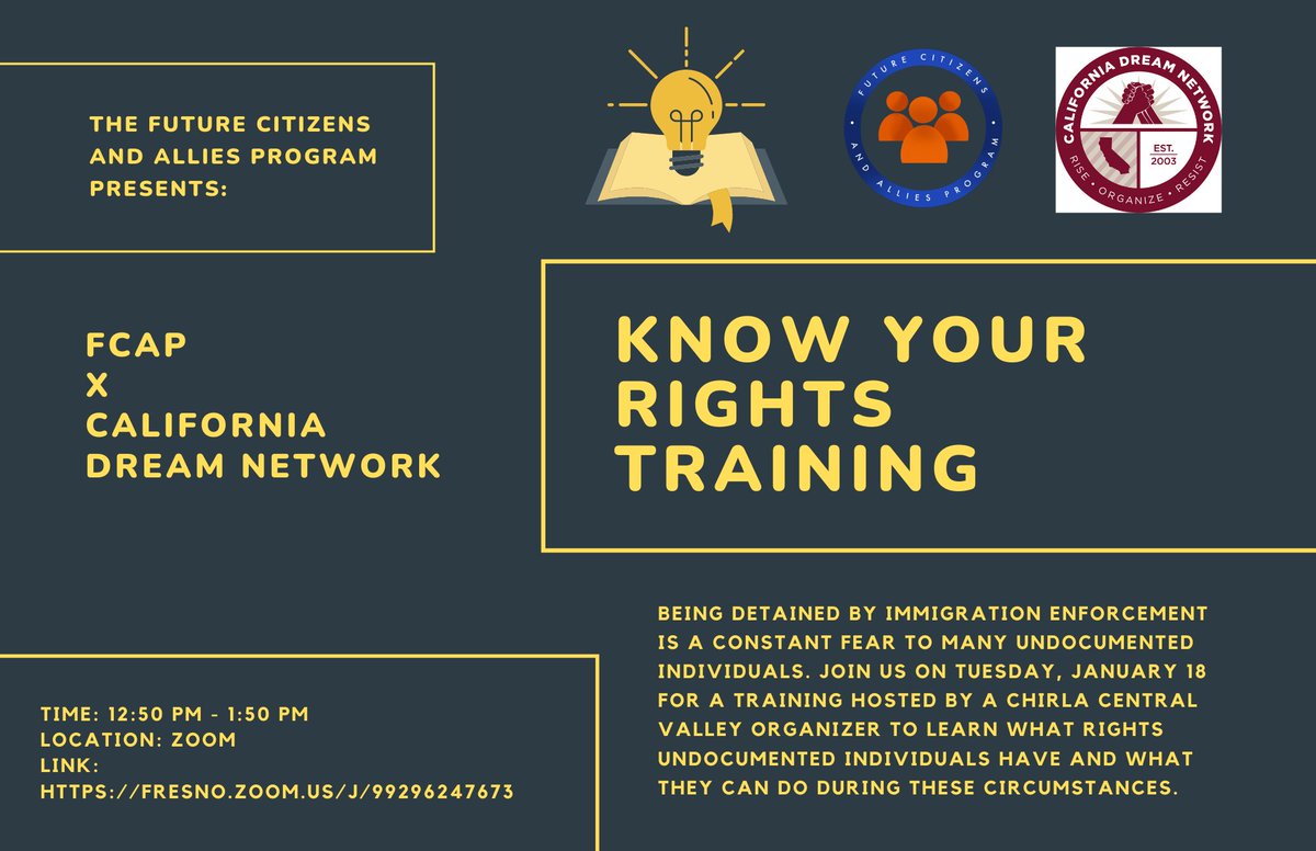 FCAP_2021's tweet photo. We hope you are having a great 3 day weekend and are taking the time to commemorate Martin Luther King Jr.! 

"Know Your Rights Training," is happening tomorrow and is a collaboration with the California Dream Network, and will also be discussing the 100 Mile Border Zone. https://t.co/mvVS2xH5Bu