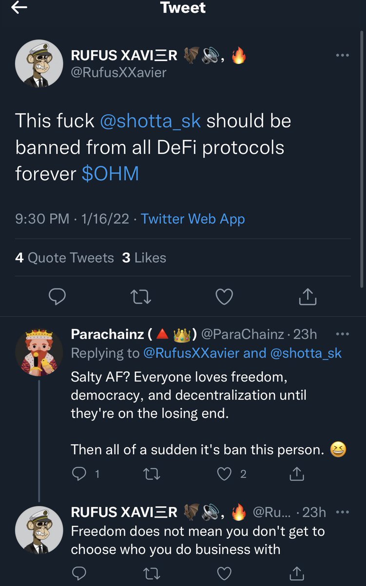 Dogetoshi's tweet photo. The Bored Apes have found DeFi and are asking devs to blacklist and ban the OHM/BTRFLY whale. https://t.co/sVwMf6THOY