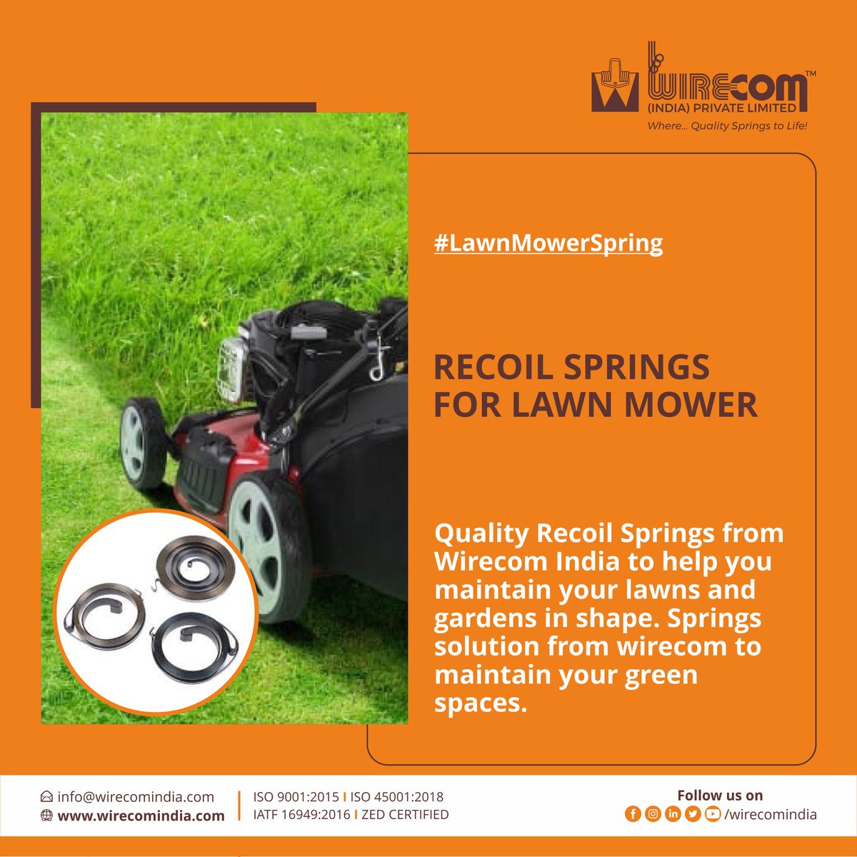 WirecomIndia's tweet photo. Prominent manufacturer of quality Recoil springs which is a key component of the lawnmower which helps in the regular upkeep and maintenance of those grenspaces like, gardens, lawns, etc. in shape.
#recoilspring #lawnmower #spring #industrialspring #mumbai #vasai #pune https://t.co/JRNK3rBIQO