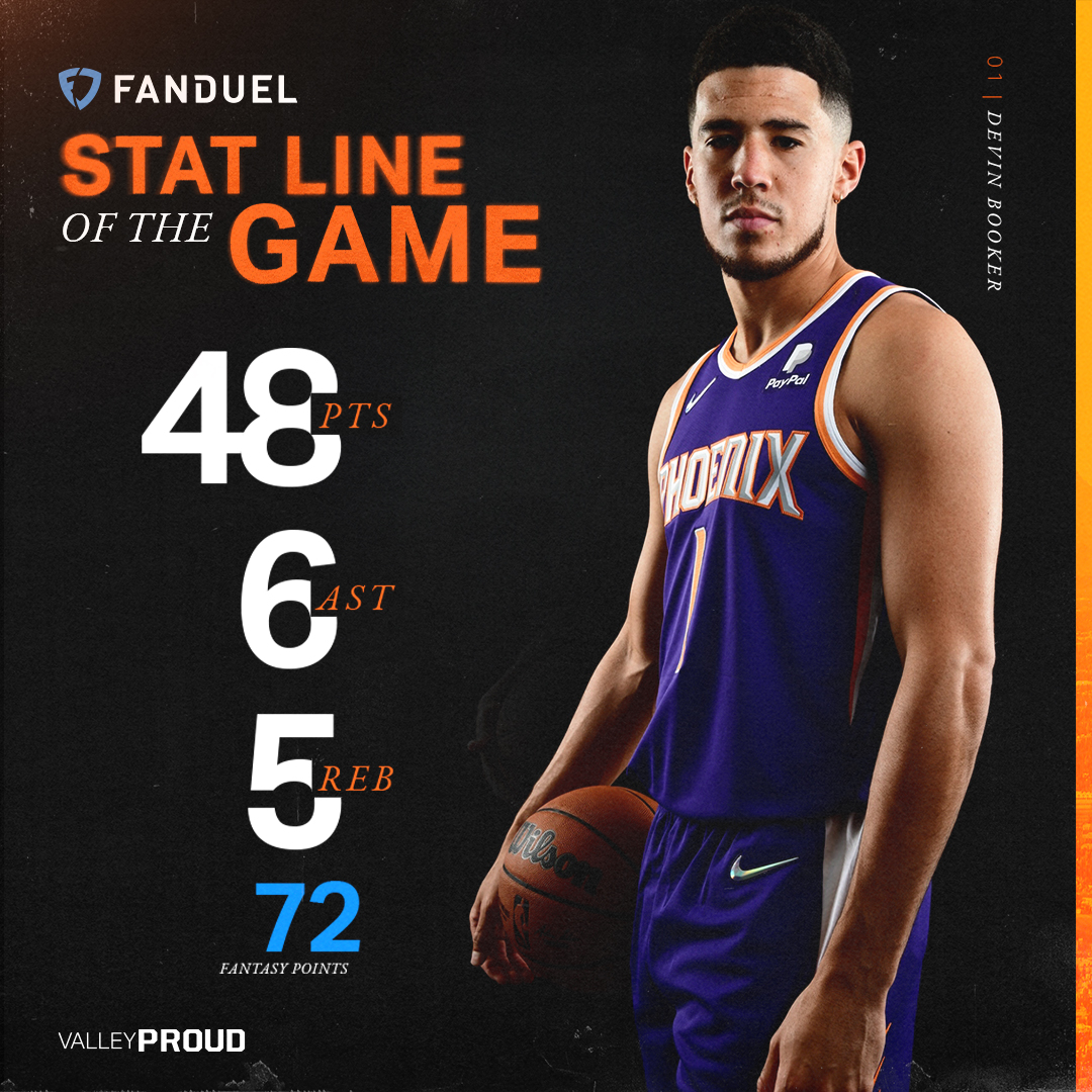 Suns's tweet photo. .@DevinBook is now the only player in Suns history with multiple games of 45+ PTS, 5+ REBS &amp; 5+ ASTS! #NBAAllStar 

@FanDuel Stat Line of the Game https://t.co/0521reyNun