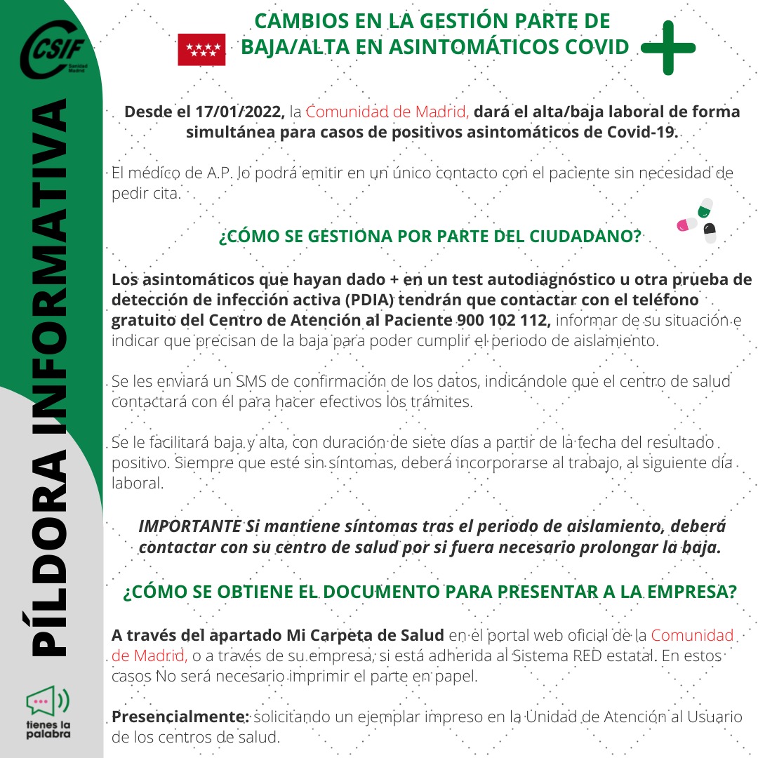 🟢 Cambios en la gestión parte de baja/alta en asintomáticos covid.

El 17 de enero la comunidad de Madrid dará el alta baja laboral de forma simultánea para casos de positivos asintomáticos de covid-19.

#COVID
<a href="/ComunidadMadrid/">Comunidad de Madrid</a> 
<a href="/CSIF_UAMadrid/">CSIF Madrid</a>