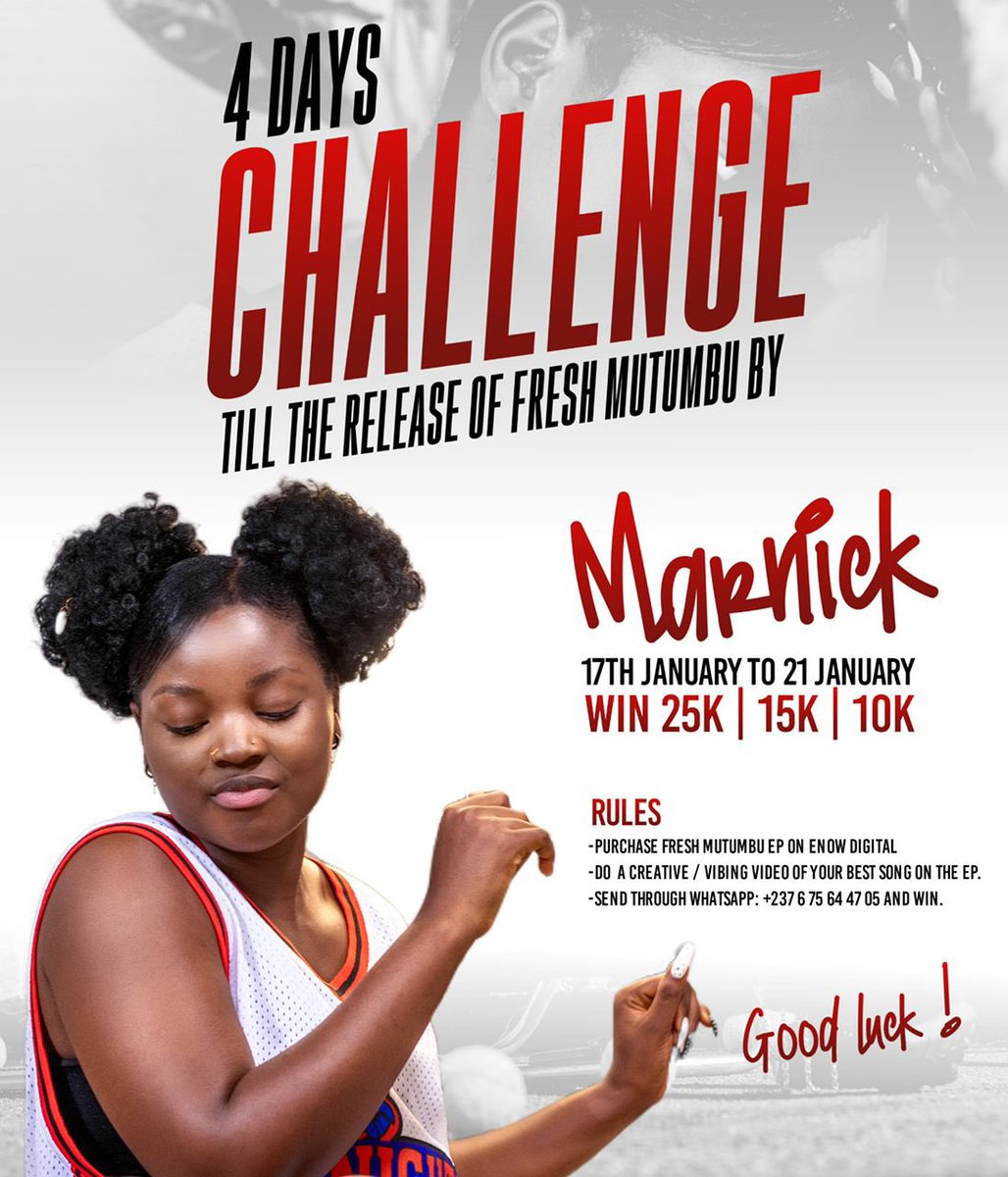 YB00237's tweet photo. ✨ #4DaysChallenge by @MarnickOfficial
To win some quick cash, Make a creative/vibing video with your favorite song on the EP & send to +237 675 64 47 05
One winner each day till the official release on January 21st 💰
#FreshMutumbu EP available via https://t.co/HYTlFBPjwc https://t.co/tFiKsEpL5Y