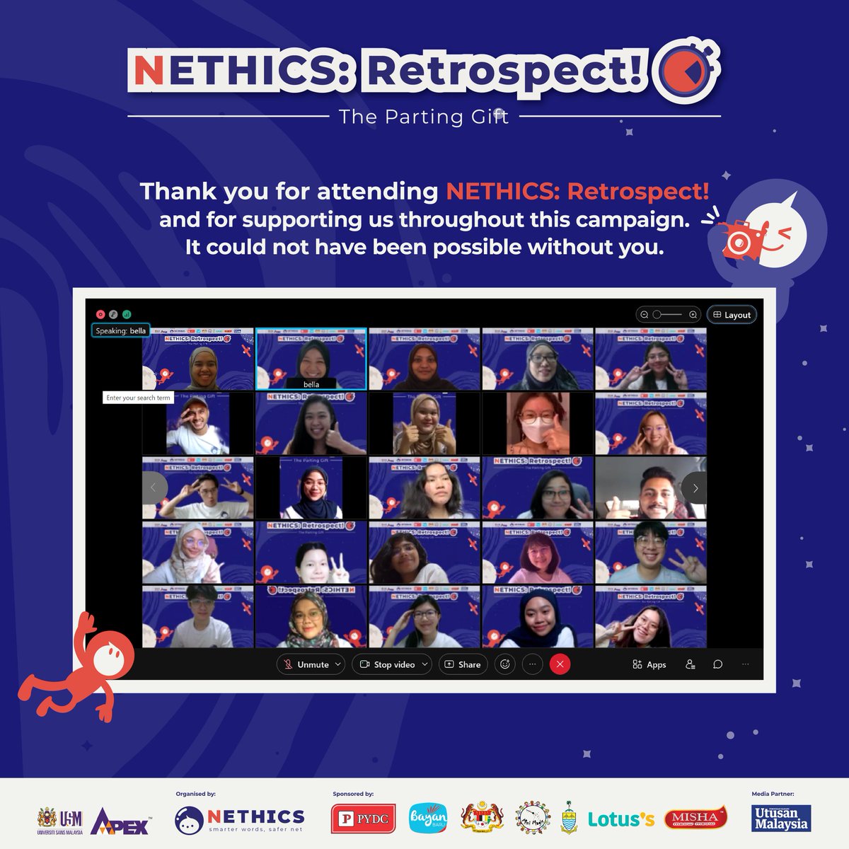 NETHICSUSM's tweet photo. Apart from that, we are grateful to those who supported the NETHICS journey all way long! Though it may have been short, NETHICS truly hope that everyone will continue playing their part in achieving a safer online space for all.💪🏾

Smarter Words, Safer Net🚀

#NETHICS #SaferNET https://t.co/S65LTiDgmn