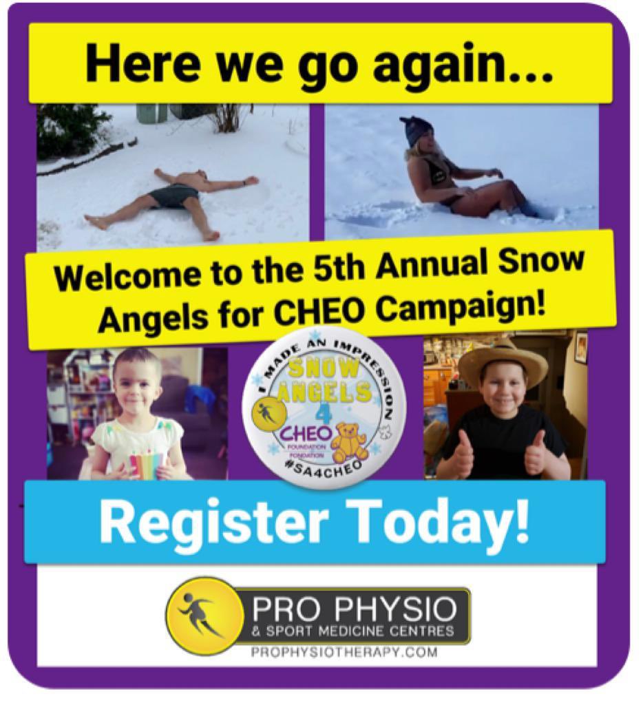 Pro Physio has partnered with Snow Angel for CHEO to help raise money for
children's cancer! We are honoured to be a part of this year's campaign. Drive up the donations for our Clinic Teams and see Pro Physio Management make Snow Angels in their swim suits! #prophysiocares #cheo