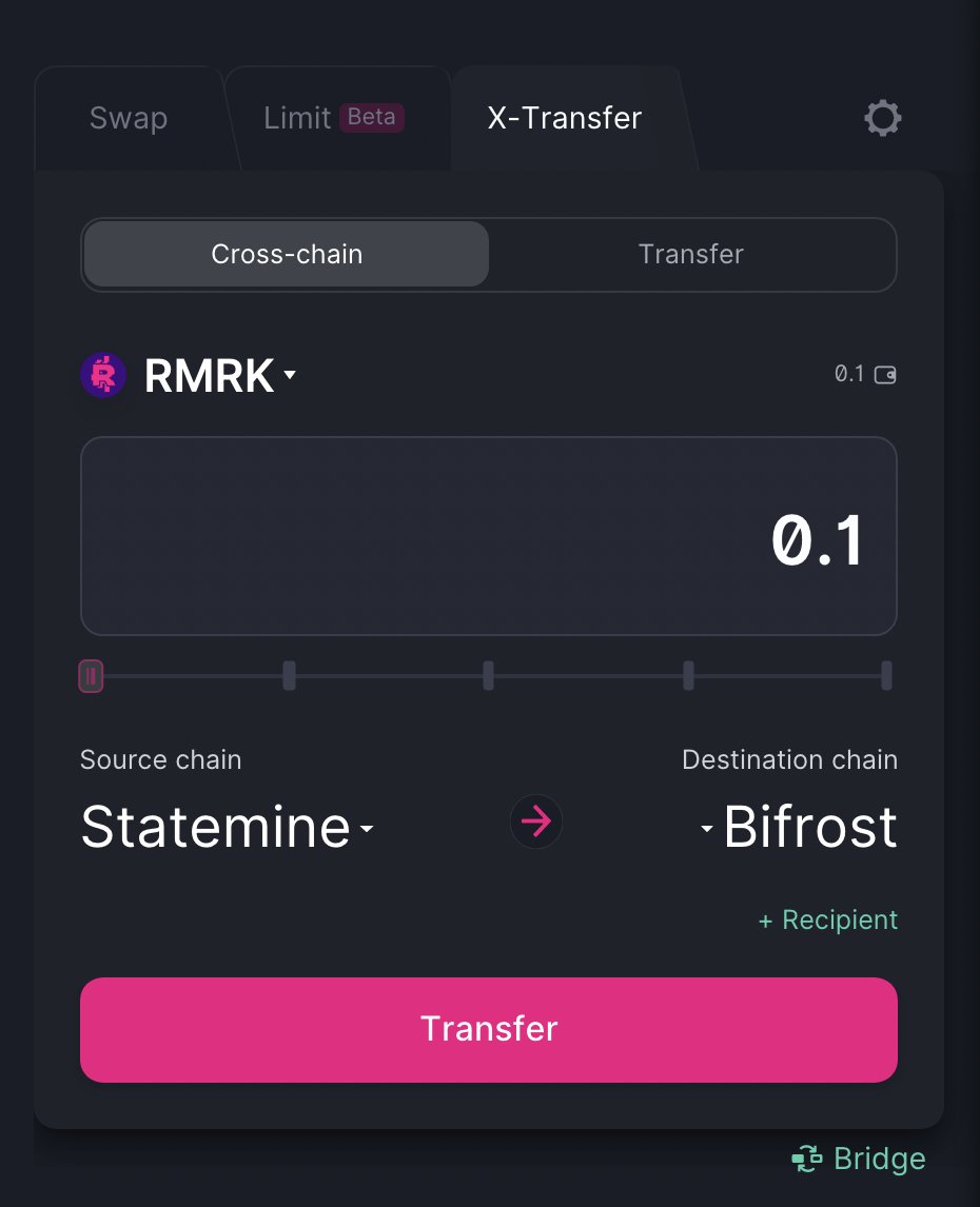 ZenlinkPro's tweet photo. X-Transfer now supports $RMRK cross-chaining from #Statemine to @bifrost_finance through #XCM and SPREE modules!💯

Check or try out: https://t.co/32xKVpjJBH

What do you expect next?👀 @RmrkApp #Dotsama https://t.co/G6H4WlCDtA