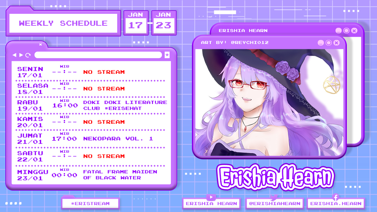 ErishiaHearn's tweet photo. jadwal eri minggu iniii uwu
Art credits: @/reychi012, Robbin (schedule design)
💜Hashtags💜
Fan Name: #Faerish
Fanart: #ErishiArt
Stream/clips: #Eristream/ #Ericlips
Meme: #Meemeri https://t.co/TPLdFUiiiY