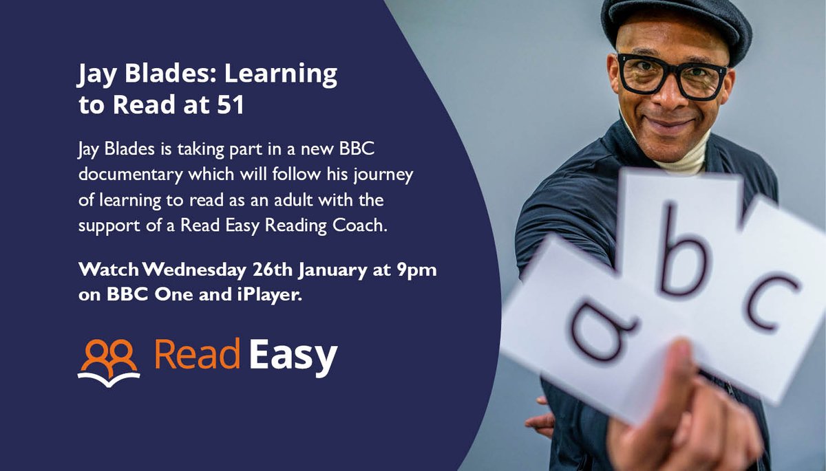 ReadEasyUK's tweet image. We’re so excited for this!
The Jay Blades: Learning to Read at 51 documentary will follow Jay's journey of learning to read, supported by one of our amazing Read Easy Reading Coaches!

Watch it Wednesday 26th Jan at 9pm on BBC One &amp;amp; iPlayer. Please share!
#jayblades @jayblades_
