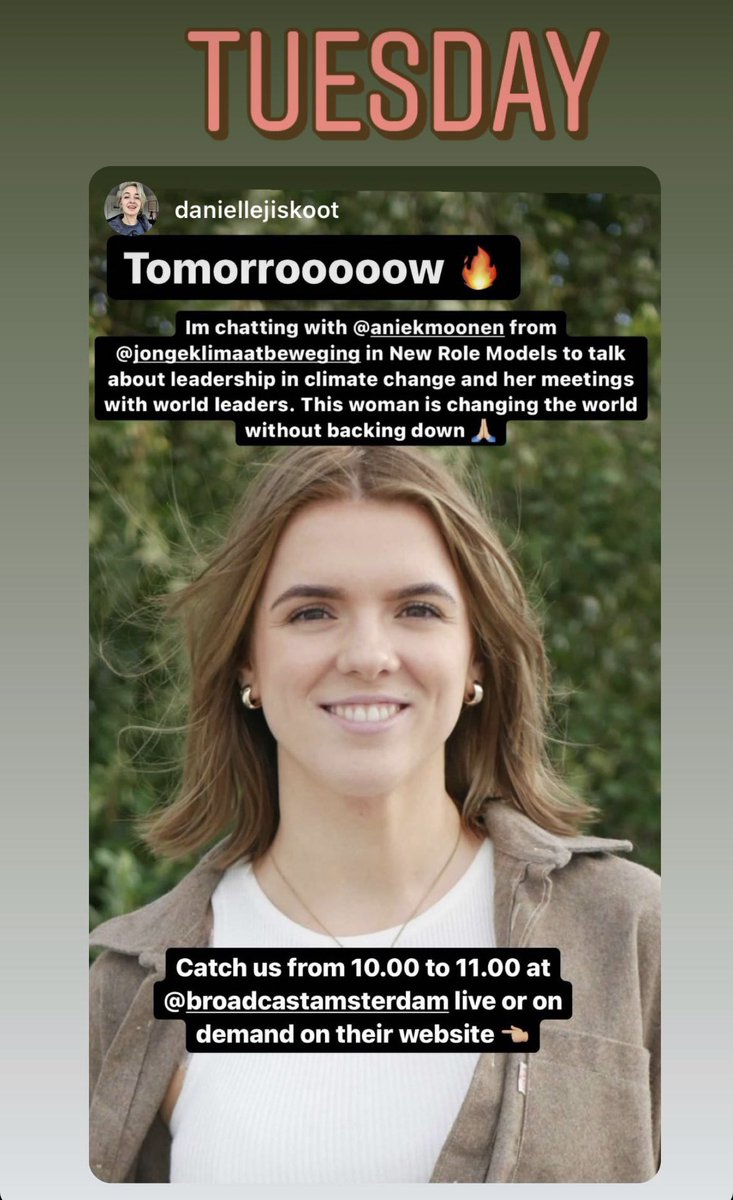 BRAMRADIO's tweet image. Tues 18 Jan! In the 10am #NewRoleModels guest spot, we have Aniek Moonen, president of the Jonge Klimaatbeweging, young climate movement. Listen live or On Demand later, here broadcastamsterdam.nl ▶️