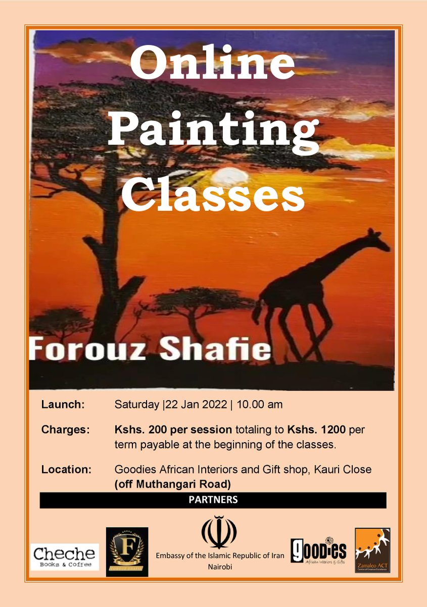 IRANinKENYA's tweet photo. The Embassy of the I.R. of Iran will launch on Saturday, 22 Jan 2022, an online modern painting class that shall be taught by a 25-year-experienced Iranian visual Arts lecturer, Farouz Shafie. For more information please contact us

@ShafieForouz https://t.co/rQEXmTwUMZ