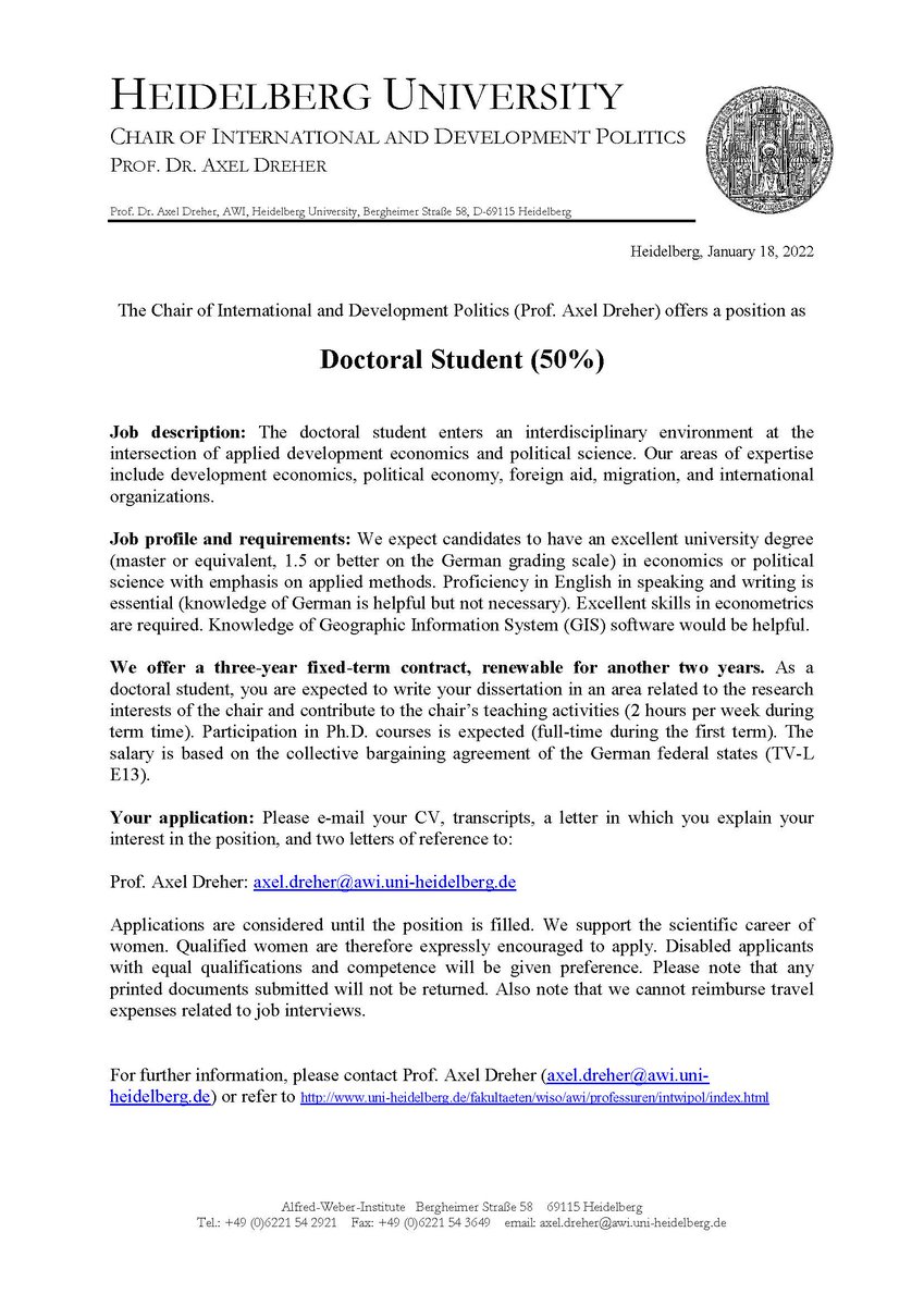 DreherAxel's tweet photo. PhD position at Heidelberg University: We're recruiting a PhD student with a background in Economics or Political Science (Development/Political Economy). Please retweet/forward to potential candidates: https://t.co/O80uFzijxH, @fuchs_andreas @KaiGehring1 @dietmarfehr
@jrgptrs https://t.co/mBeNQEpH8n