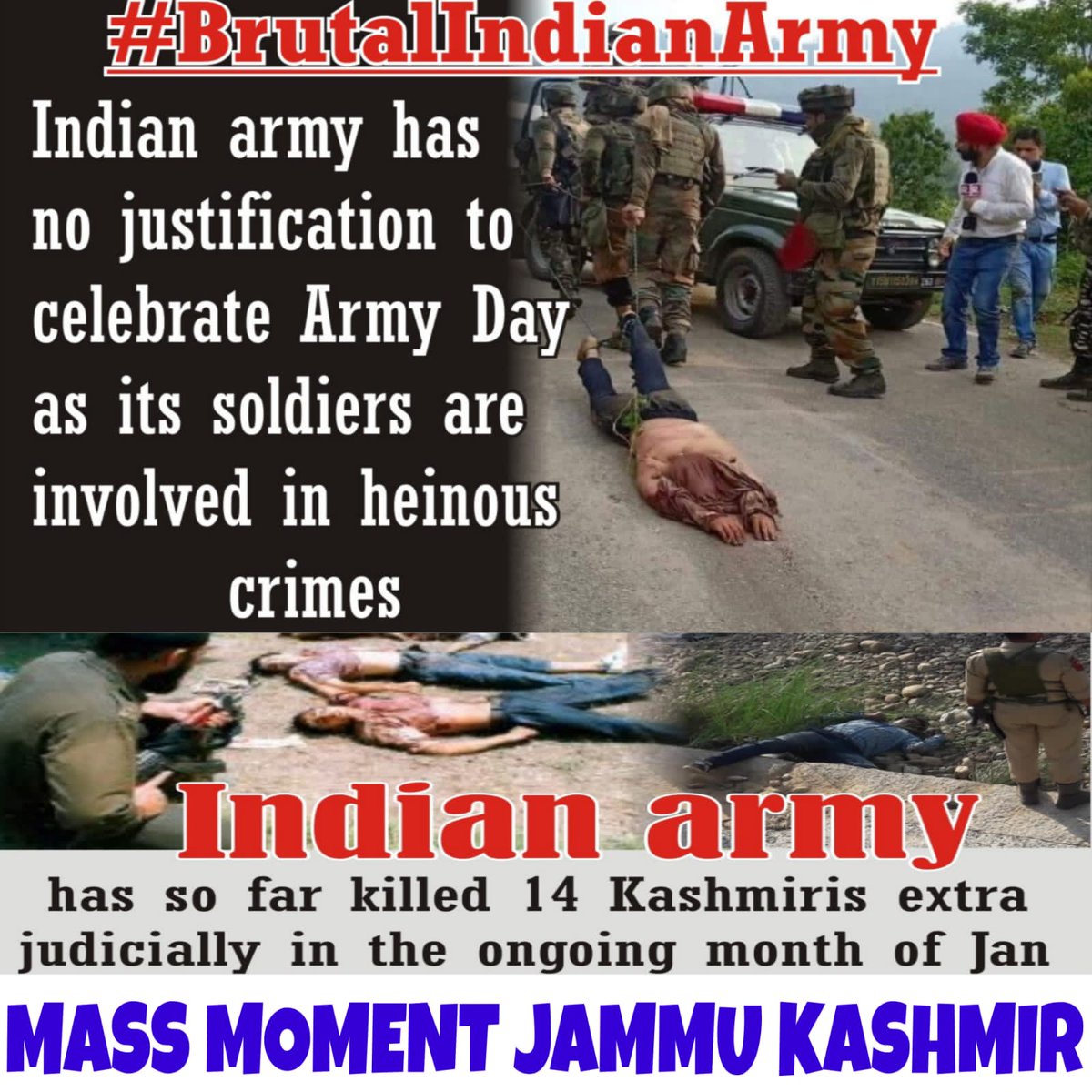 FaizullahDuran1's tweet photo. INDIAN ARMY HAS NO JUSTIFICATION TI CELEBRATE ARMY DAY AS IT'S SOLDIERS ARE INVOLVED 8N HEINOUS CRIME'S.

#jammu_kashmir_mass_moment 
#کشمیر_کا_ترجمان_کشمیر_کا_نوجوان 
#chief_organizer 

#shameforindiandemocracy 
#dontstoptalkingaboutkashmir 
#KashmiriLivesMatter https://t.co/j7lV6XVaTT