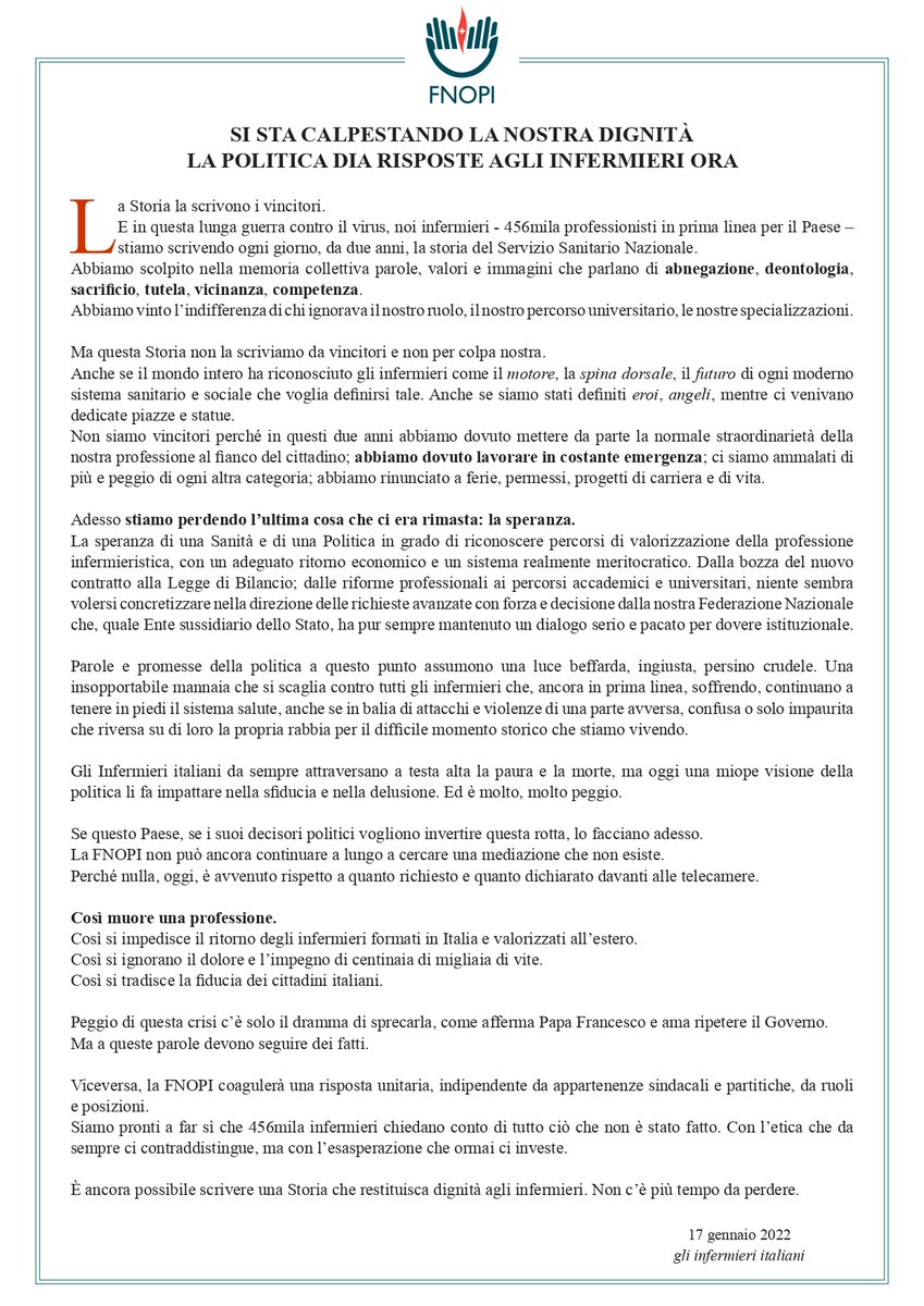 FNInfermieri's tweet photo. Ecco l'appello che la #FNOPI ha inviato alle istituzioni nazionali e regionali. 
"Si sta calpestando la dignità degli #infermieri. La politica dia risposte ORA ai 456mila professionisti in prima linea per la salute di tutti".
➡️https://t.co/UTFNP7gPHO

#cosìmuoreunaprofessione https://t.co/f0Sgi482vu