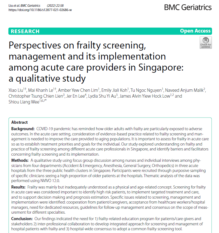 DrTuNguyen's tweet photo. New paper on the perspectives on #frailty screening and its implementation among acute care providers in Singapore. I was honoured to have the opportunity to contribute to this work. #FrailtyScreening
https://t.co/aDHx0vtHQh https://t.co/WfWLh9OHih