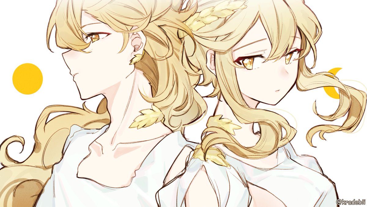 aether (genshin impact) ,lumine (genshin impact) 1girl 1boy blonde hair siblings yellow eyes brother and sister earrings  illustration images