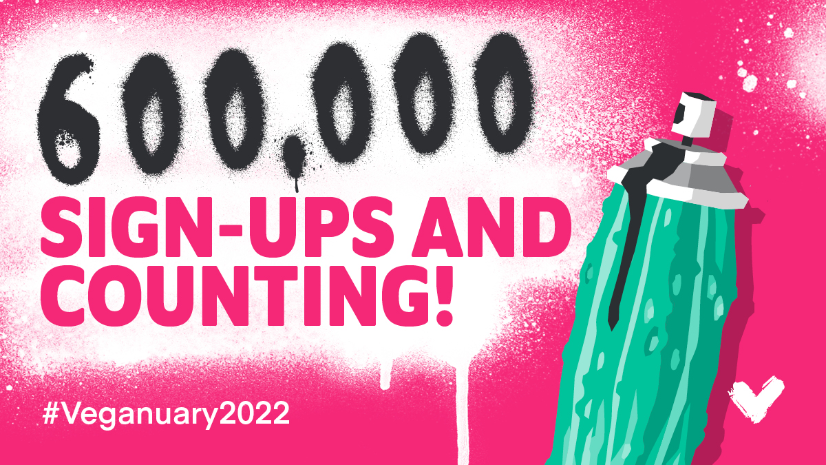 veganuary's tweet photo. WOW! 600,000 people have signed up this year which makes #Veganuary2022 officially the biggest year yet – and it is still rising! We have now surpassed last year’s total of 580,000 participants. 🥳⁠

Thank you for making it happen!⁠ 🤩⁠ https://t.co/uejQEGkfoU
