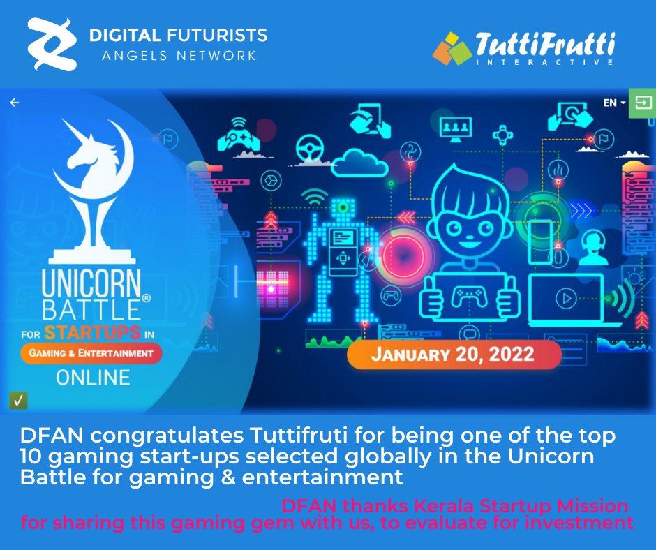 angels_df's tweet photo. Excited to share that one of the start-ups we are currently evaluating for #Investment – @tuttifrutti_gam, has been selected amongst the top 10 start-ups globally in the Unicorn battle for #gaming and #entertainment.

#startupecosystem #startupgrowth #startupcommunity #gaming https://t.co/UUneBvvnPg